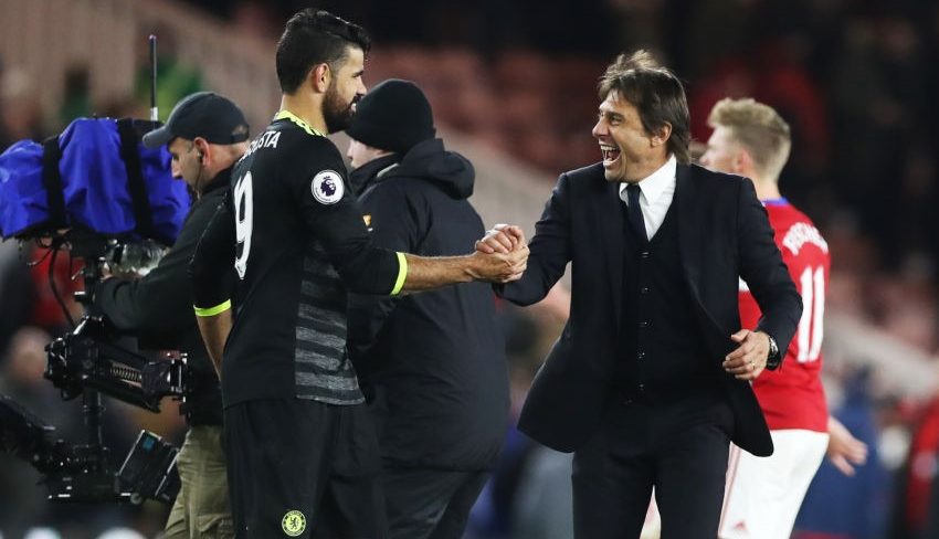 Excited Antonio Conte shakes hands with Diego Costa